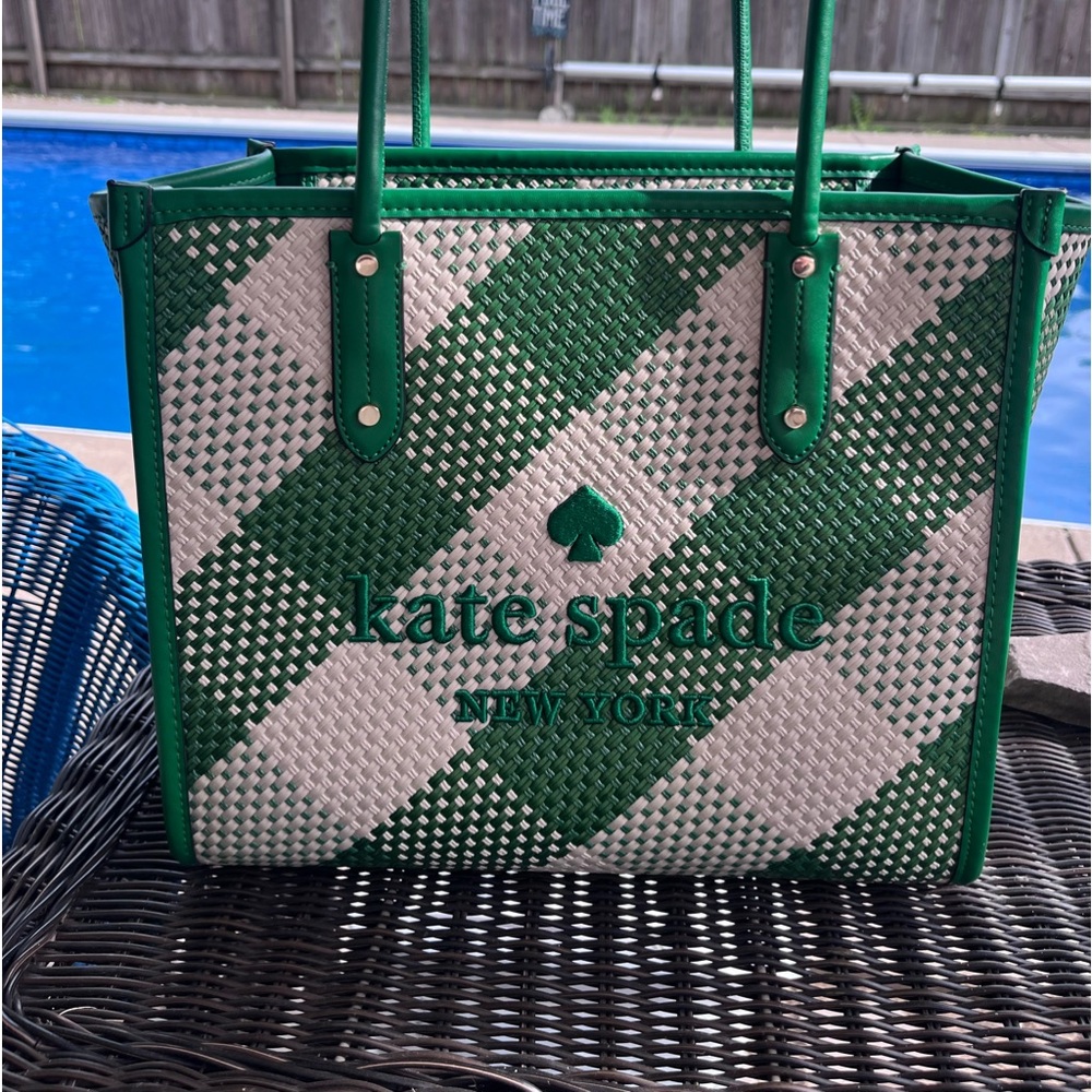 Kate Spade Ella Gingham Green Bean Oversized Woven Straw Shoulder Tote Handbag